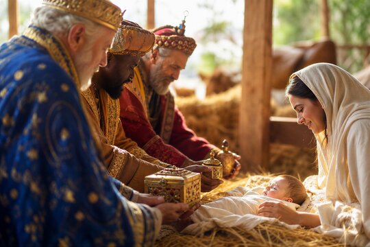 Three Magi kneel in adoration before the Christ Child in a humble manger, offering gold, frankincense, and myrrh.