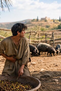 Prodigal Son in a Pigsty, Eating Carob Pods, Repentant and Destitute, Longing for Homeland and Forgiveness.