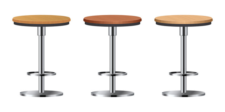Modern high stools with different wooden seat tops and metal legs displayed against transparent background