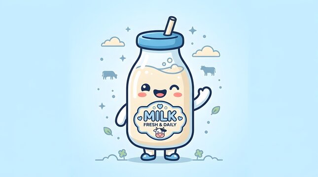 Cute kawaii milk jar character with cow and floral elements