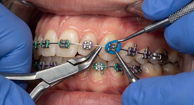 Detailed view of orthodontic wire placement, weingart pliers guiding niti archwire into bracket slots while colored ligature rings secure it, perfect for dental education and clinical training