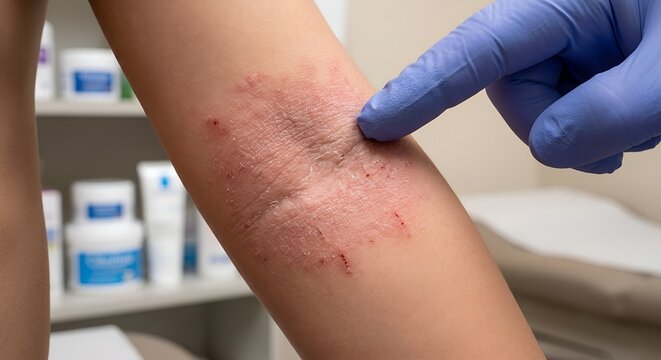 Close-up of a doctor inspecting a young patient's inner elbow with dry, scaly, and erythematous eczema lesions, perfect for dermatology and pediatric care content