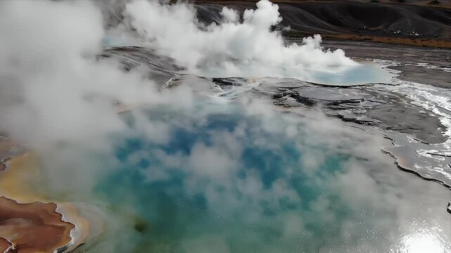 Vibrant Geothermal Pools with Steaming Vents and Mineral Deposits