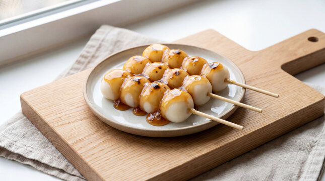 Traditional Japanese skewered sweet rice dumplings on wooden board with minimalist setting