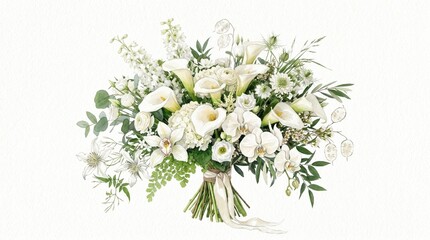 Obraz premium A beautiful bouquet of white flowers with green leaves and a ribbon on a plain background