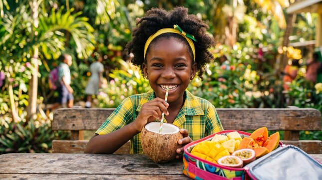 A young girl enjoys a refreshing coconut in a lush outdoor setting with a vibrant lunchbox.