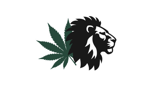 Black lion profile and green cannabis leaf on white background.