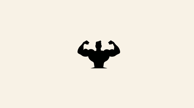 Bodybuilder flexing muscles silhouette icon on light background.