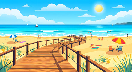 Naklejka premium Wooden boardwalk leading to a sunny tropical beach