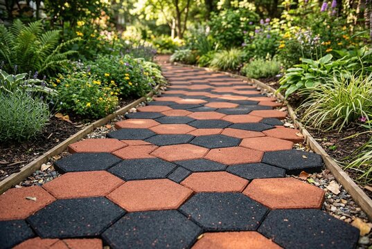 Winding garden path made of interlocking black and orange hexagonal pavers