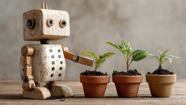Wooden robot tending small plants in terracotta pots