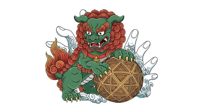 Green Foo Dog Guardian Deity Holding Sphere