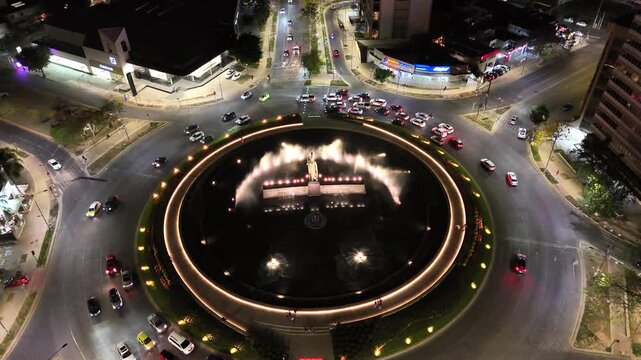 Night aerial drone view of La Minerva roundabout in Guadalajara Mexico