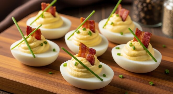 Bacon Deviled Eggs Appetizers Plated and Garnished