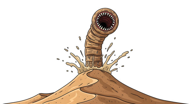 Illustration of a Sandworm Emerging from Desert Dunes