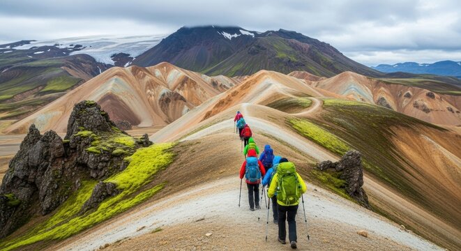 A group of hikers treks along a scenic mountain trail in colorful, diverse terrain under a cloudy sky