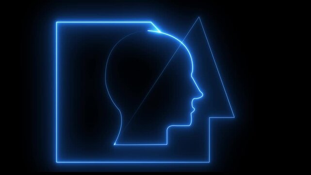 Glowing abstract neon human face geometry animation with futuristic blue line art and geometric shapes on dark background. Modern digital profile illustration representing artificial intelligence.