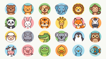 Obraz premium Set of cute animal face circular icons for kids.
