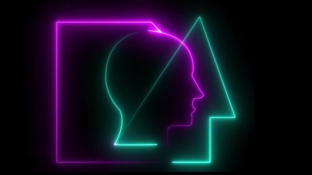 Glowing abstract neon human face geometry animation with futuristic blue line art and geometric shapes on dark background. Modern digital profile illustration representing artificial intelligence.