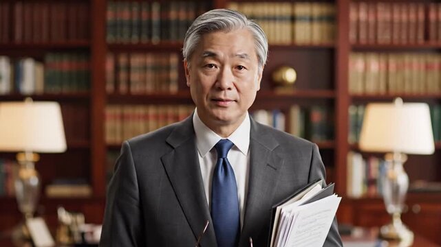 Senior man in suit with library.