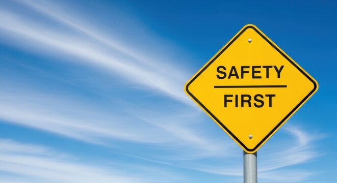 Bright yellow diamond-shaped road sign with "SAFETY FIRST" text against a clear blue sky