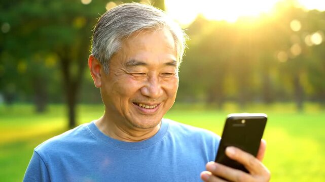 Senior man with phone outdoors.