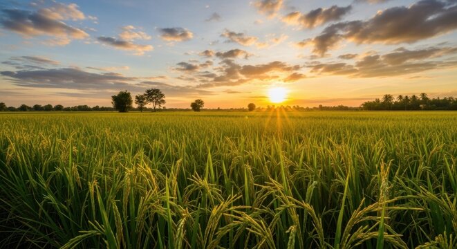 Golden Rice Field at Sunset with Sun Rays Breaking Through Clouds
