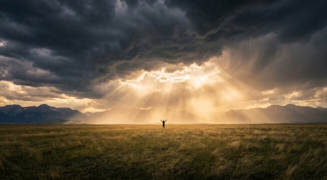 Realistic cinematic landscape, dramatic dark storm clouds opening in the sky, powerful golden sun rays breaking through the clouds, heavenly light beams illuminating a vast open field, tiny human