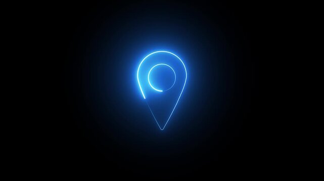 Abstract location glowing neon icon fast tracking map pin icon animation on black background.digital navigation location pin futuristic neon.4k