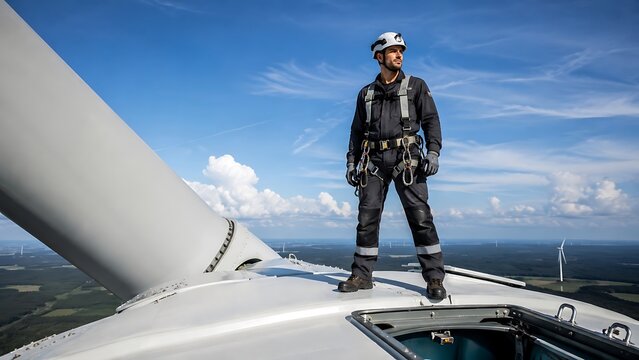 Engineer standing on top of a wind turbine overlooking the landscape.