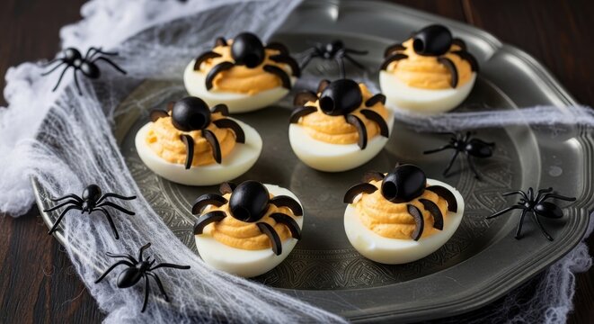 Halloween Deviled Eggs Decorated as Spiders