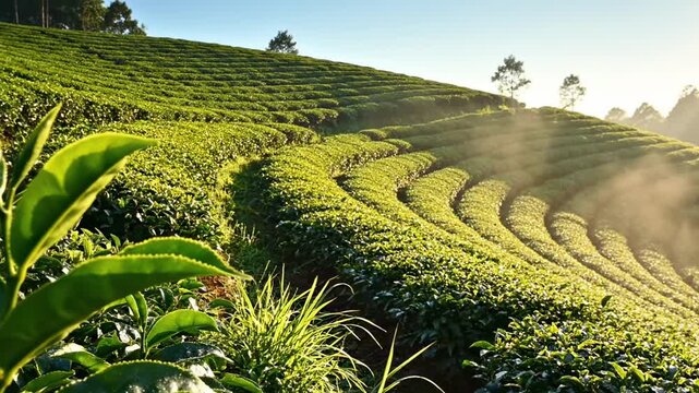 Rolling tea plantation terraces with glossy green bushes, curved hillside rows, morning sun flare and distant trees creating a premium farmland background for agriculture and rural landscape