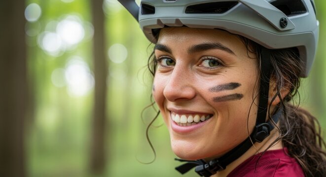 Joyful Mountain Biker Woman With Helmet and War Paint Smiling Enthusiastically in Forest Setting