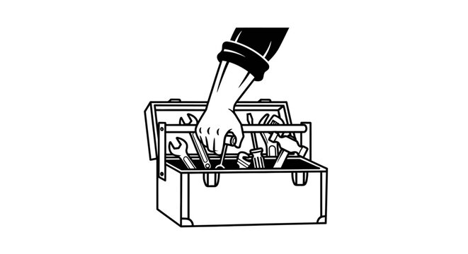 Hand selecting a tool from a vintage open toolbox. Essential equipment for repair, maintenance, construction, and handyman work.