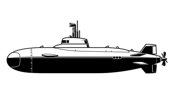 Vintage style black and white illustration of a submarine vessel. Classic underwater transport with conning tower and propeller.