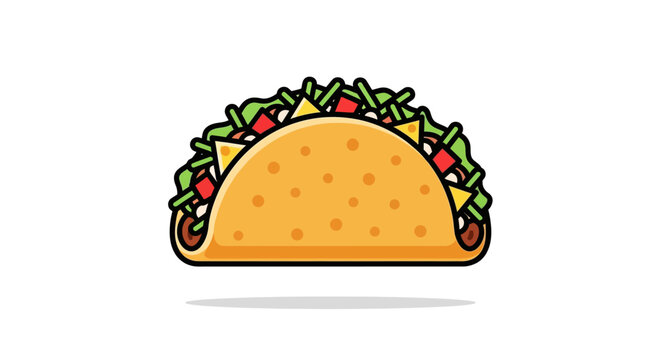 Vibrant cartoon style taco illustration with a crispy shell filled with fresh lettuce, tomato, cheese, and ground beef. Mexican food concept.
