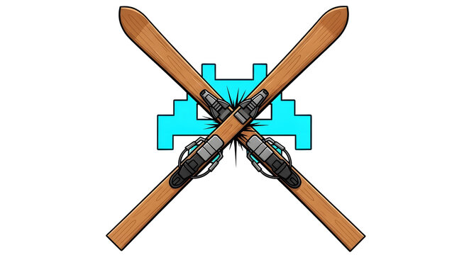 Retro Space Invader Character with Crossed Skis