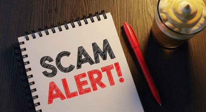 Scam Alert Notice on Paper with Red Pen and Notebook