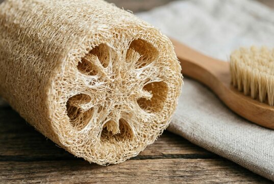Close-up of natural luffa sponge with artisanal soap for eco cleaning