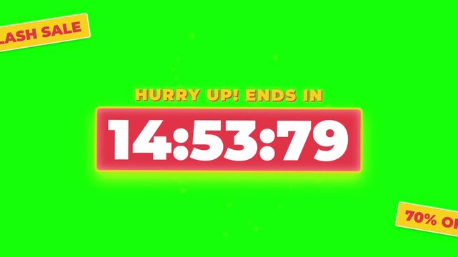 Animated countdown timers with flash sale banners on green background