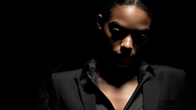 Model poses in dramatic lighting during a photoshoot in a studio setting with strong contrasts and shadows on her face at night