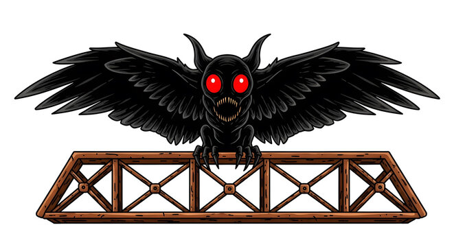 Scary Black Winged Creature with Red Eyes on Bridge