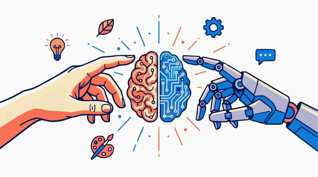 Human hand and robotic hand pointing toward brain split between human and artificial intelligence, vector illustration
