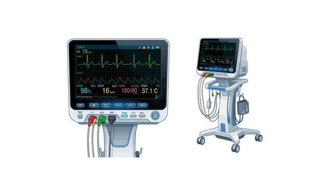 Two portable patient monitoring systems with screens displaying vital signs on wheels against a white background.