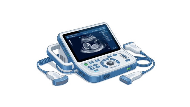 Ultrasound machine with monitor display and medical equipment on a white background, showcasing diagnostic technology.