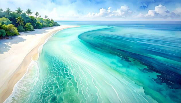 白砂曲線と浅瀬海霧の水彩アート2