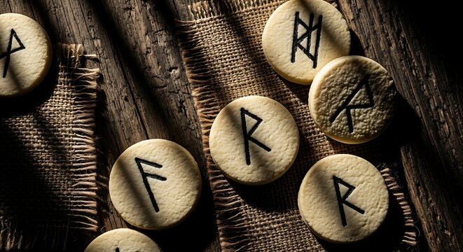 Ancient Futhark rune stones lay on a weathered wooden surface with burlap textures. Dramatic side lighting creates deep shadows and mystical mood. Ideal for historical education and esoteric design.