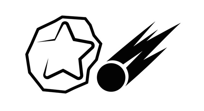 Black and white space icons of asteroid and meteor