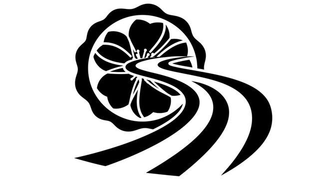 Black blossom icon with winding path on white background