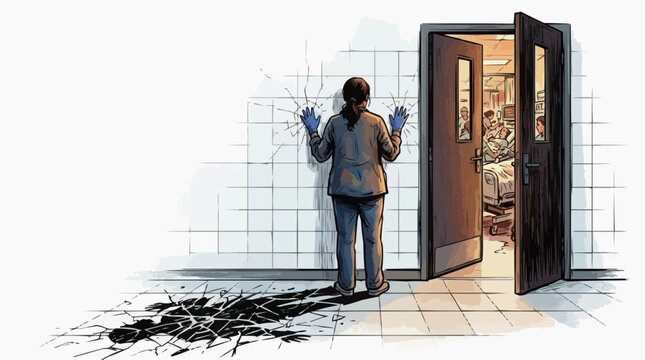Exhausted healthcare professional leaning against cracked wall with shattered shadow, medical burnout concept illustration